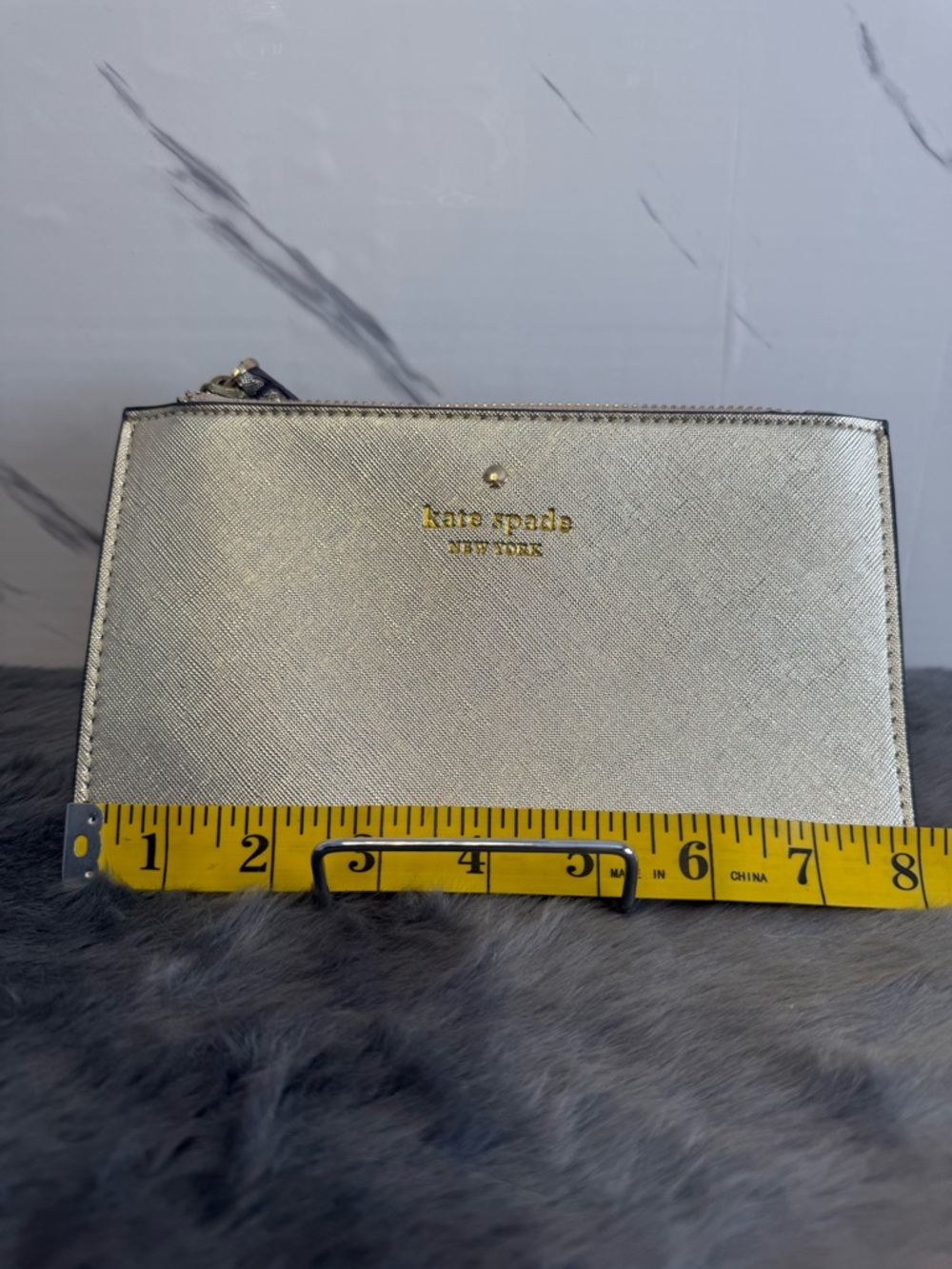 kate spade Metallic Silver Textured Zip Wallet with Gold Logo